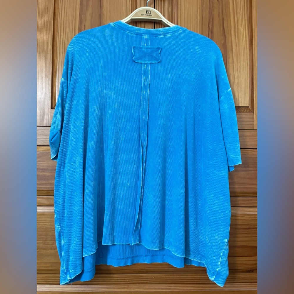 ZENANA Acid Wash Oversized ribbed Front Pocket Boyfriend Tee DEEP SKY L XL shirt - Picture 3 of 5
